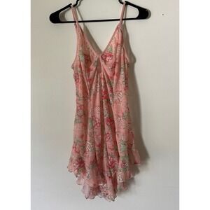 Pink Floral Mesh Ruffle Hem Chemise‎ Nightgown Romper Adjustable Straps Large